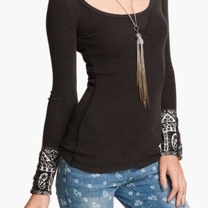Free People Black Hyperactive Hippie Button Stud Cuff Thermal Top